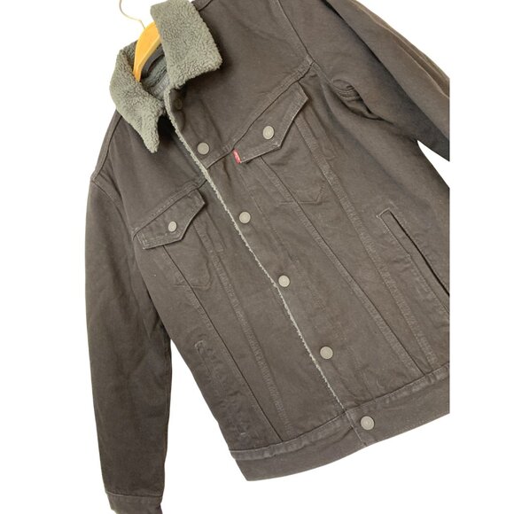 Levi Mens Black Denim Sherpa-Lined Trucker Jacket M RII10590 EUC Snap - Picture 4 of 14